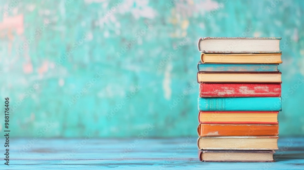 Poster brightly colored books are neatly arranged in a stack on a blue wooden table, creating an inviting a