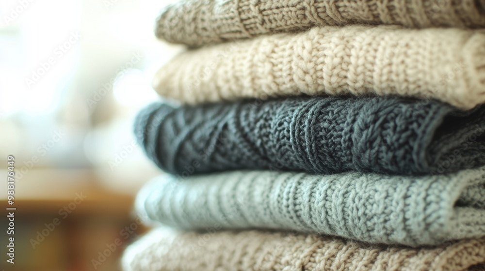 Poster soft knitted sweaters in muted colors are stacked high, creating a cozy and inviting display for coo