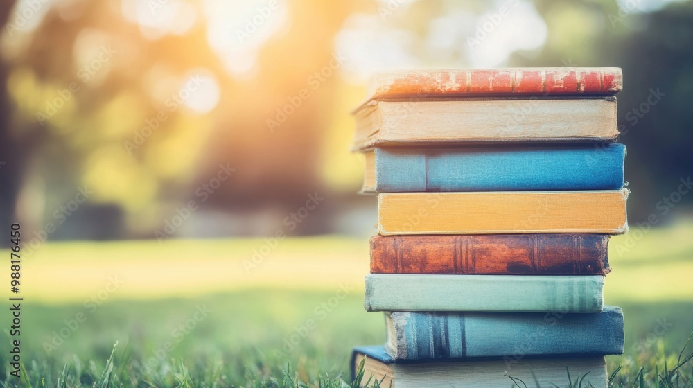 Poster a vibrant stack of books rests on grass, illuminated by gentle sunlight filtering through trees on a