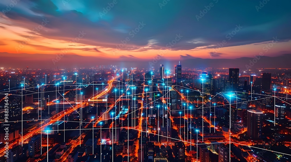 Poster aerial view of a city at night with a beautiful sunset in the background. the city is illuminated wi