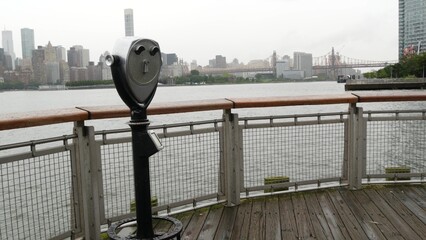 New York City waterfront skyline, Manhattan Midtown buildings, riverfront skyscrapers by East...