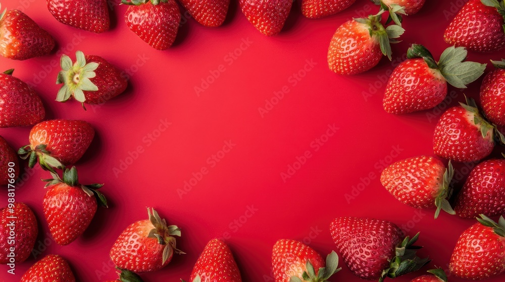 Poster ripe strawberries are artistically placed in a circular formation on a bold red backdrop, creating a