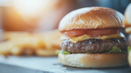 People savoring hearty burgers and crispy fries at a vibrant street food gathering during the evening hours