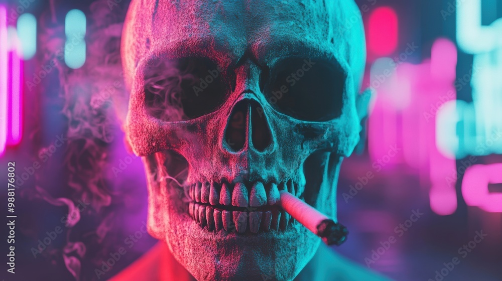 Poster the skull character casually smokes amidst a backdrop of colorful neon lights, creating an intriguin
