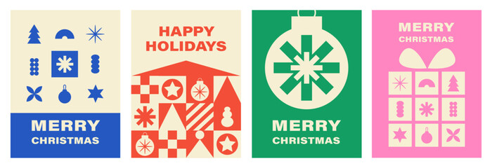 Christmas set cards in geometric flat style. Minimalistic modern backgrounds with abstract elements. Vector illustration