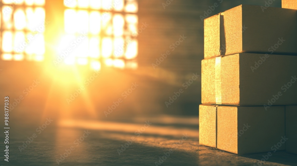Poster sunlight streams through windows, illuminating stacked cardboard boxes inside a spacious warehouse, 