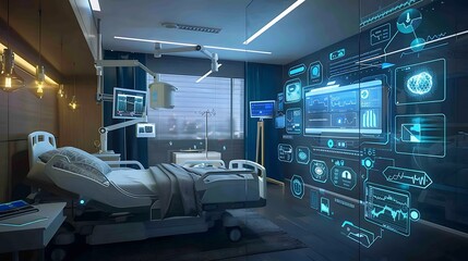 Modern hospital room with advanced technology featuring patient bed monitors and digital interface on the wall for highlighting future healthcare innovation medical technology patient care concept.