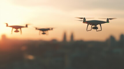 Drones soar gracefully above the city, capturing breathtaking aerial views against a stunning sunset backdrop