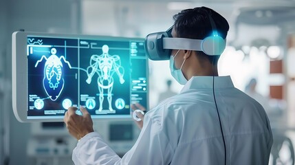 Doctor wearing virtual reality headset interacting with reality screen displaying patient medical data for advanced healthcare technology immersive diagnostics futuristic medical innovation concept.