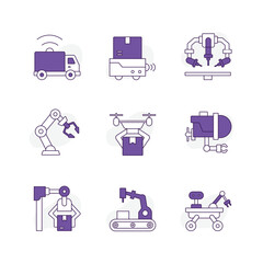 Vector icon set for Industrial Automation and Robotics Technology. Hand-drawn illustrations of robotic arms, drones, mobile robots, and exoskeletons for enhanced factory efficiency.