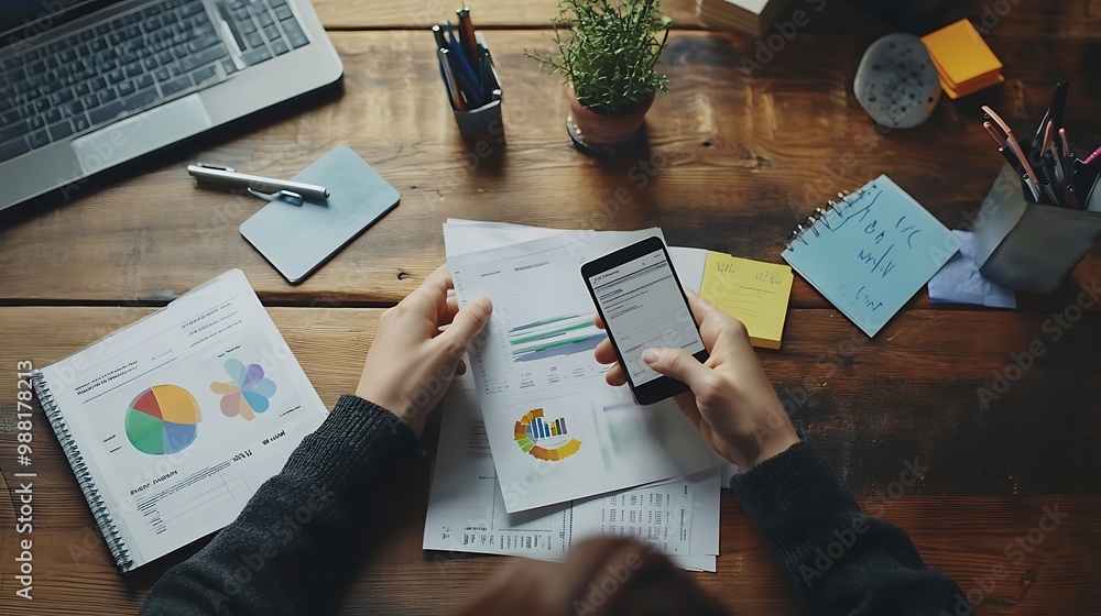 Poster manager reviewing documents and smartphone in modern office with digital tools
