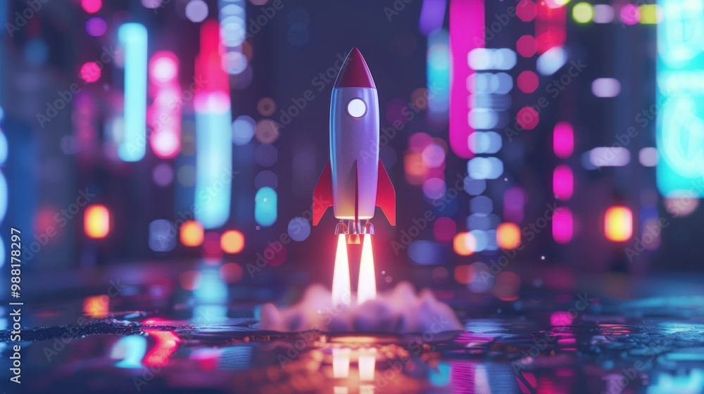 Poster rocket taking off with neon lights background, 3d rendering ai generated image
