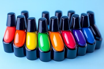 A set of colorful nail polishes arranged in a rainbow pattern, ready for a manicure session