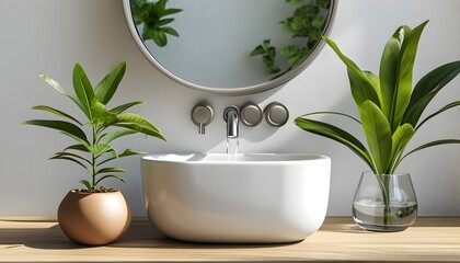 Scandinavian Interior Featuring Modern White Washbasin, Sleek Faucet, and Lush Houseplants