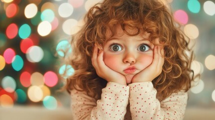 Fototapeta premium A young child with curly hair looks upset, resting their chin on hands while surrounded by cheerful Christmas lights and decorations