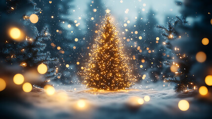 Cheerful Christmas Landscape with Sparkling Snowflakes