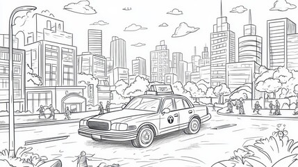 Fototapeta premium Taxi in a Cityscape, Line Drawing