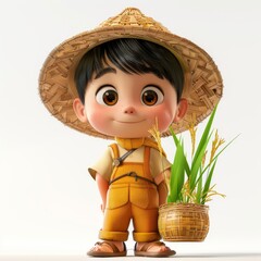 Cartoon Child Farmer Wearing Straw Hat Holding Plant