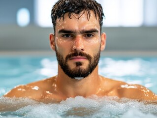 Man with beard in pool, focused expression, water splashes around him.