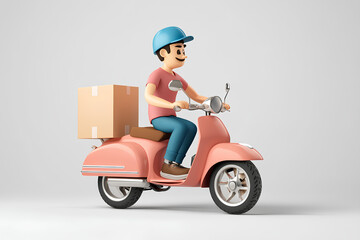 caracter cartoon 3d Delivery man riding motorcycle transportation cardboard