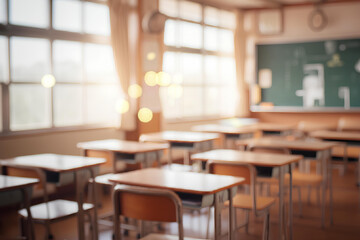 ぼやけた教室。子供がいない教室。背景素材｜Blurred classroom.Classroom with no children, no focus.