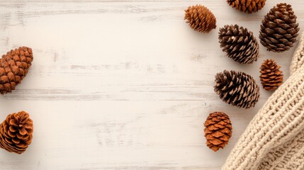 A collection of winter pinecones is arranged with a warm knitted scarf against a white wooden background