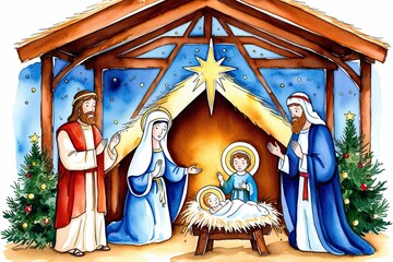 Obraz premium Watercolor Nativity Scene Artwork with Virgin Mary Christ Child and Joseph for Holiday Greeting Cards