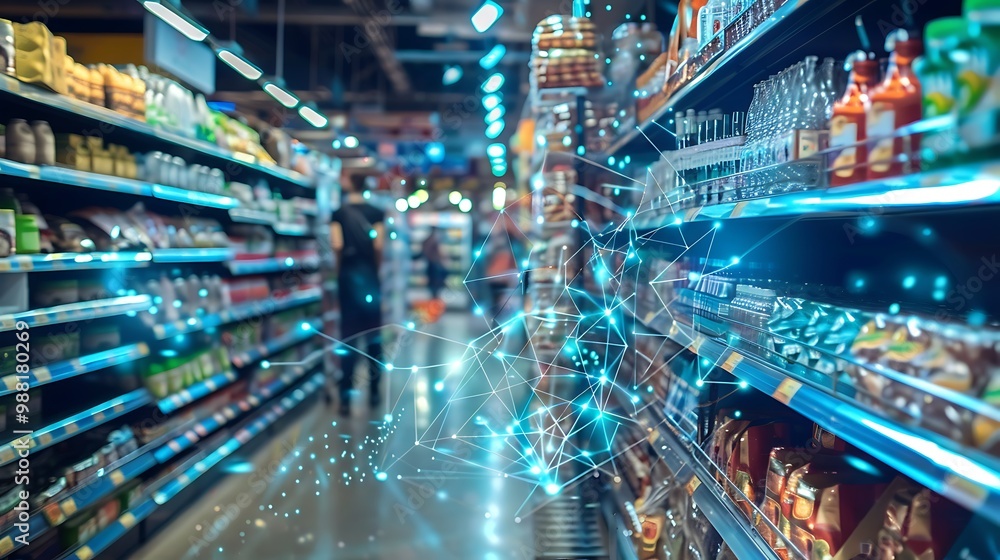 Poster supermarket aisle with a technological overlay showing a network of interconnected dots and lines, r