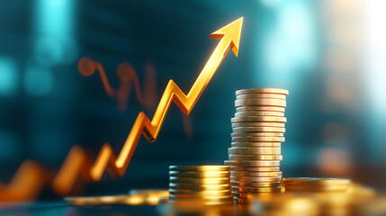 Gold arrow pointing up with coins around, rising stock market graph concept