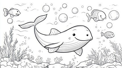 Fototapeta premium Underwater Scene with Whale and Fish