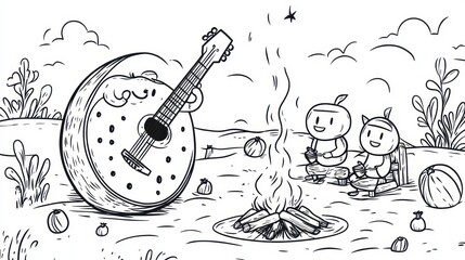 Cartoon Watermelon Playing Guitar for Two Friends by a Campfire
