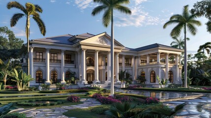 Fototapeta premium Luxury Mansion with Tropical Landscaping