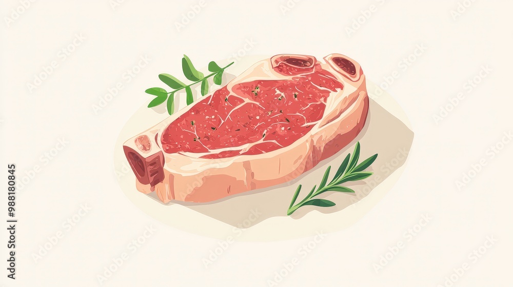 Poster minimalist vector illustration of a raw steak with bone on a transparent background, using basic sha