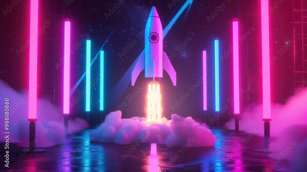 Poster rocket taking off with neon lights background, 3d rendering ai generated image