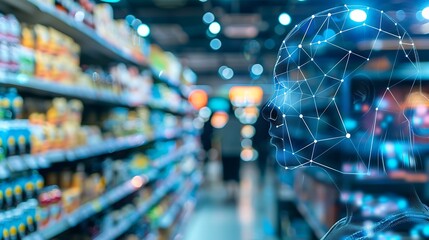 Digital profile silhouette of customer in blurred supermarket aisle for representing use of artificial intelligence in modern retail smart shopping data analytics and technology integration concept.