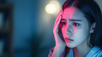 Woman holding her head in pain  headache  stressed  worried  unwell
