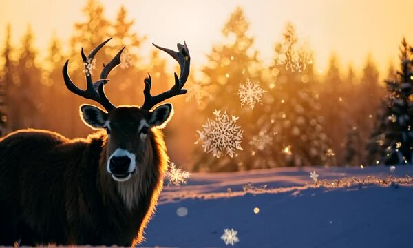 Renne majestueux dans une for&ecirc;t enneig&eacute;e au lever du jour, avec des flocons de neige tombant doucement du ciel, ambiance hivernale sereine et magique dans un paysage naturel