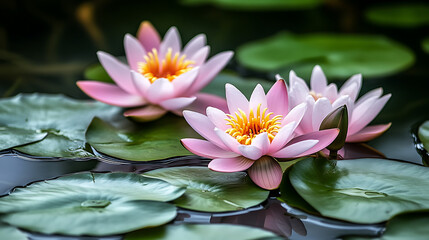 small pond, lily pads with lotus flowers