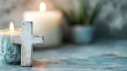 A wooden cross stands beside softly flickering candles on a rustic table, enhancing the tranquil ambiance of the setting