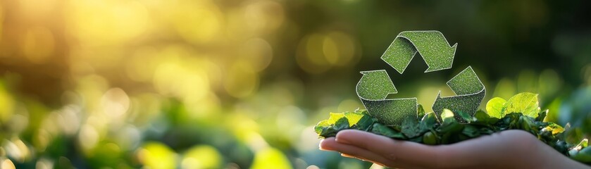 Obraz premium Hand Holding Green Leaves with Recycle Symbol