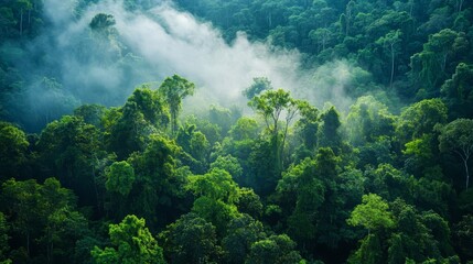 Obraz premium Misty Rainforest Canopy Aerial View