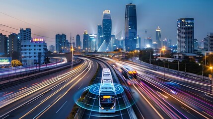 Obraz premium Autonomous bus drives through a bustling cityscape at night, showcasing the future of transportation.