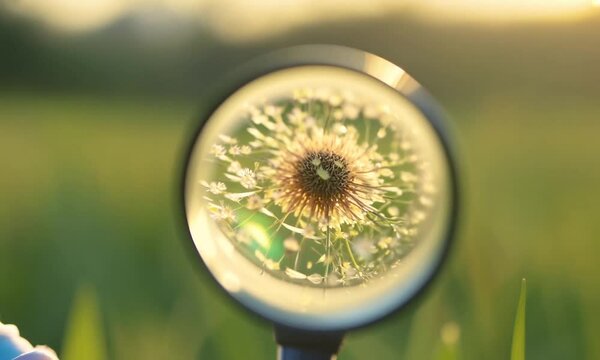 Petite fille avec une loupe examinant minutieusement le pistil d'une fleur de pissenlit, capturant une sc&egrave;ne curieuse et douce, parfaite pour des projets sur la d&eacute;couverte, la nature et l'observation 