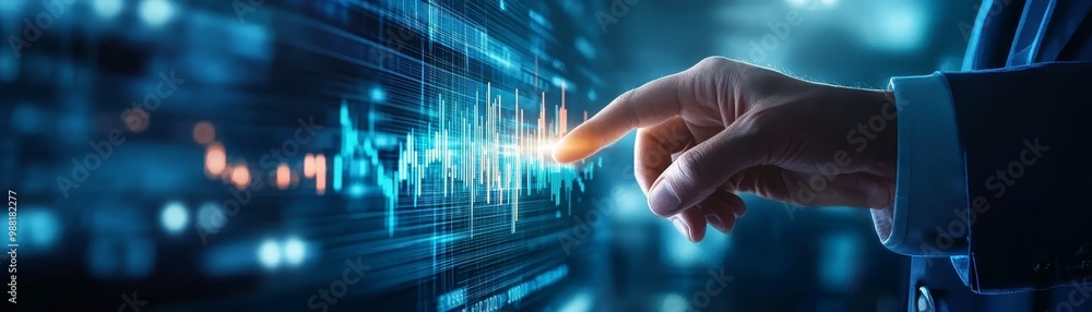Poster hand interacting with digital data and charts on screen