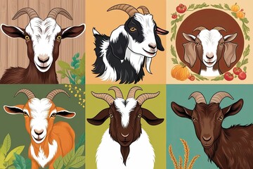 Fototapeta premium Charming Rustic Farm Animal Art Featuring Playful Goats in Diverse Landscapes
