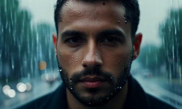 Plan rapproch&eacute; cin&eacute;matographique d'un homme noir sous la pluie, intensit&eacute; &eacute;motionnelle, sc&egrave;ne urbaine avec des gouttes de pluie tombant sur son visage, projets visuels dramatiques et r&eacute;alistes