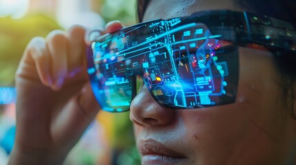 Close-up of a person wearing smart glasses with an augmented reality display showcasing digital information and a futuristic interface.