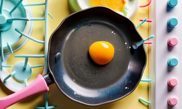 Animation en stop motion d'un &oelig;uf au plat sc&egrave;ne faite en p&acirc;te &agrave; modeler, vue de dessus,  ludique et cr&eacute;ative cuisiner