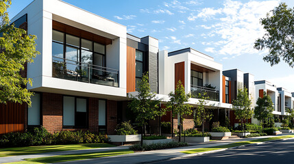 Fototapeta premium Streetscape of Modern 3 storey town house finished in brick and white paint