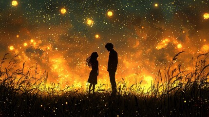 Fototapeta premium Couple Silhouettes Under a Starry Night Sky